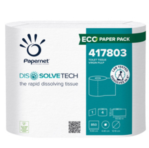 Carta igienica DissolveTech - 9,5 cm x 94 mt - diametro 12,1 cm - 850 strappi - Papernet - pacco 4 rotoli